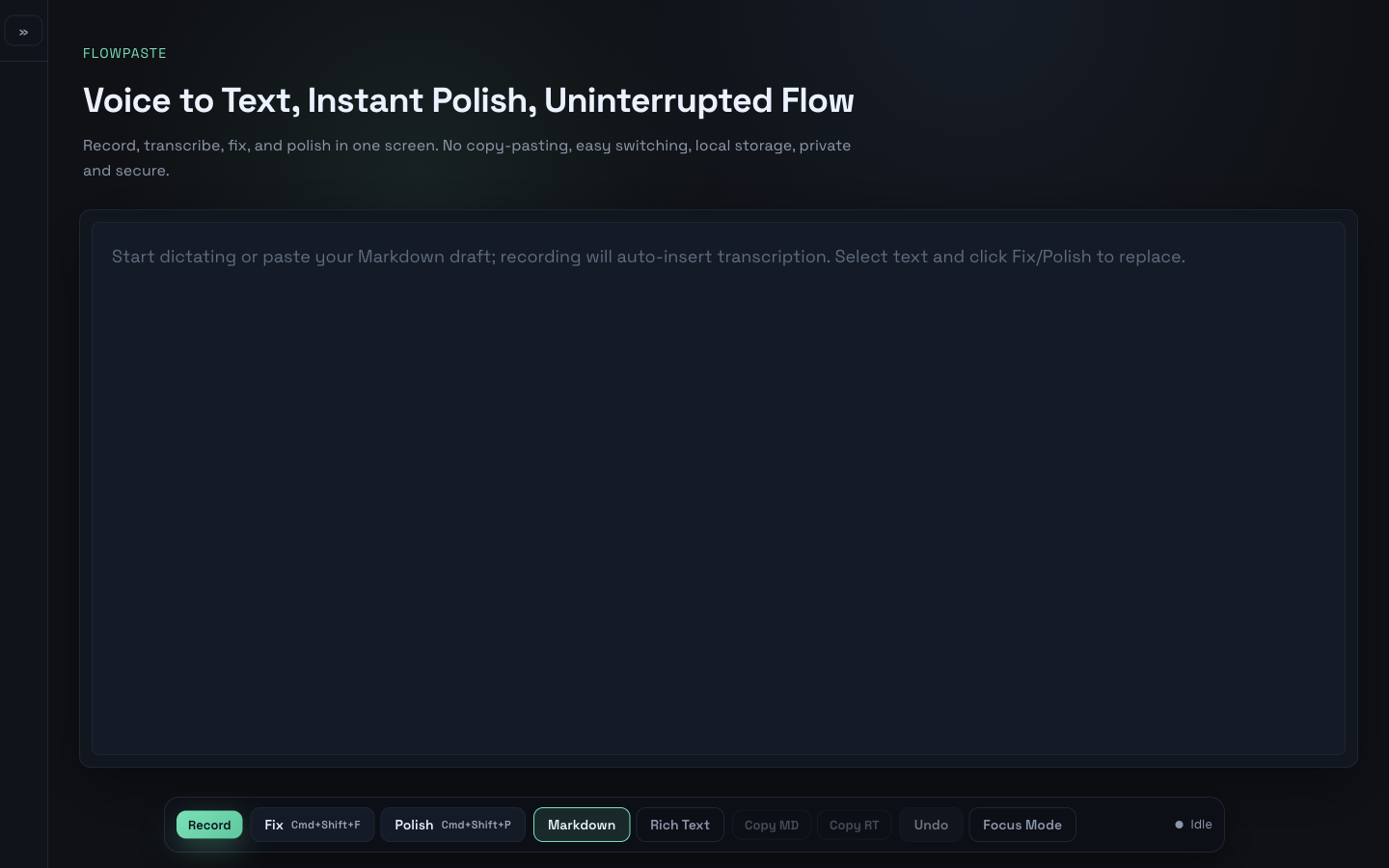 FlowPaste workspace with a voice-first editor and writing controls.